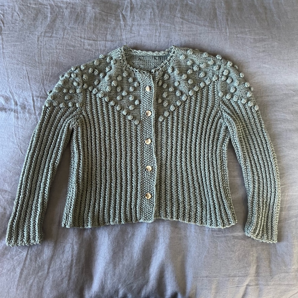 Hand knit Handmade Teal Blue Knubby Cardigan Size M